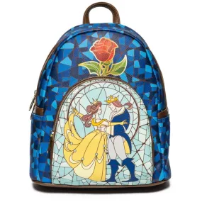 10" Disney : Beauty and the Beast - Stained Glass Faux Leather Mini Backpack Bag Loungefly Exclusive