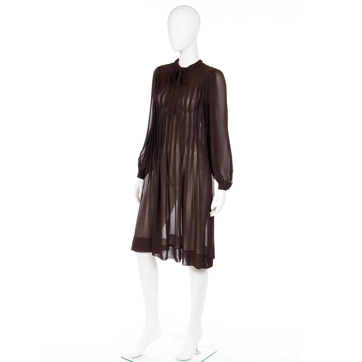 1970s Albert Nipon Sheer Brown Pleated Crepe Dress