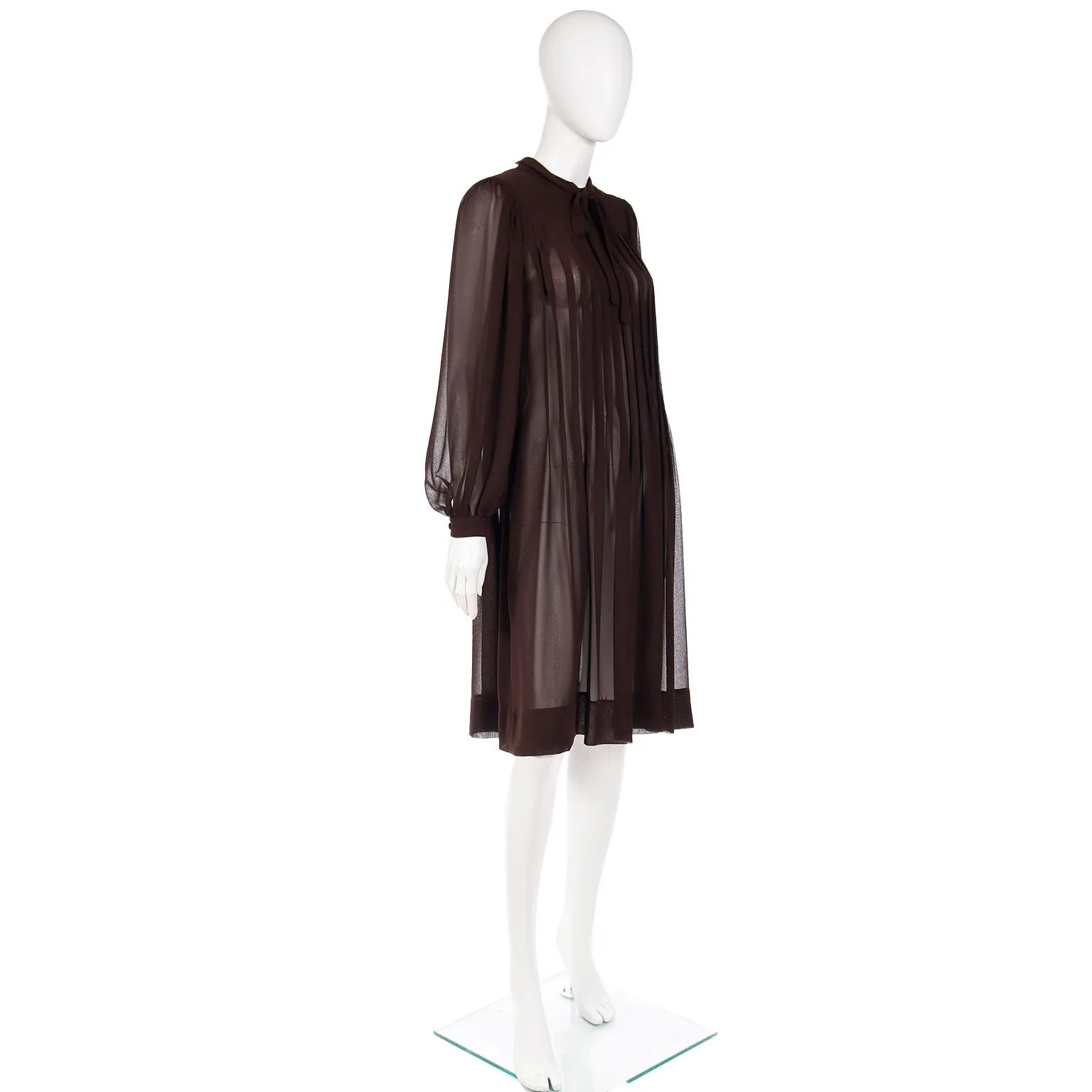 1970s Albert Nipon Sheer Brown Pleated Crepe Dress