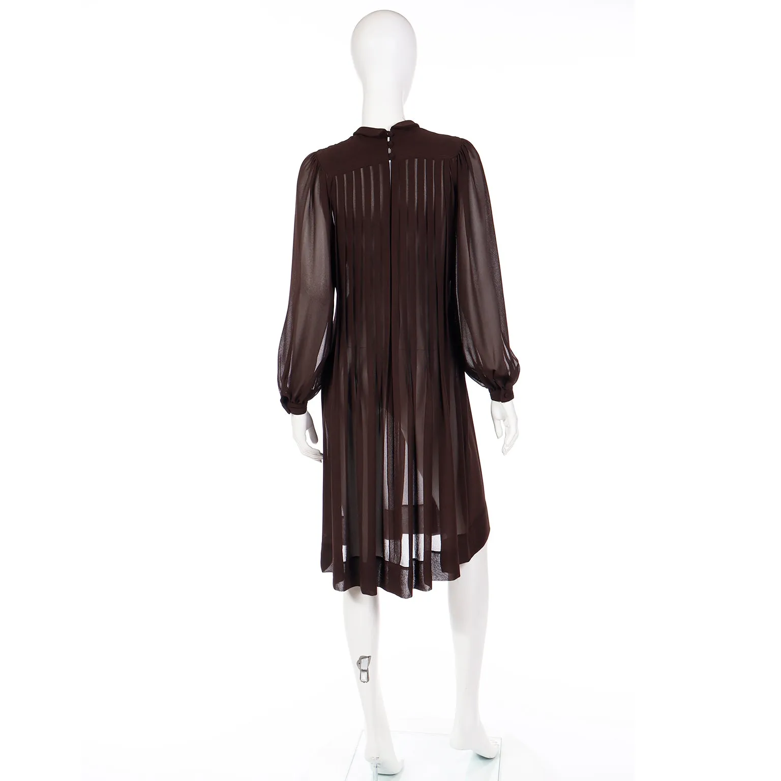 1970s Albert Nipon Sheer Brown Pleated Crepe Dress