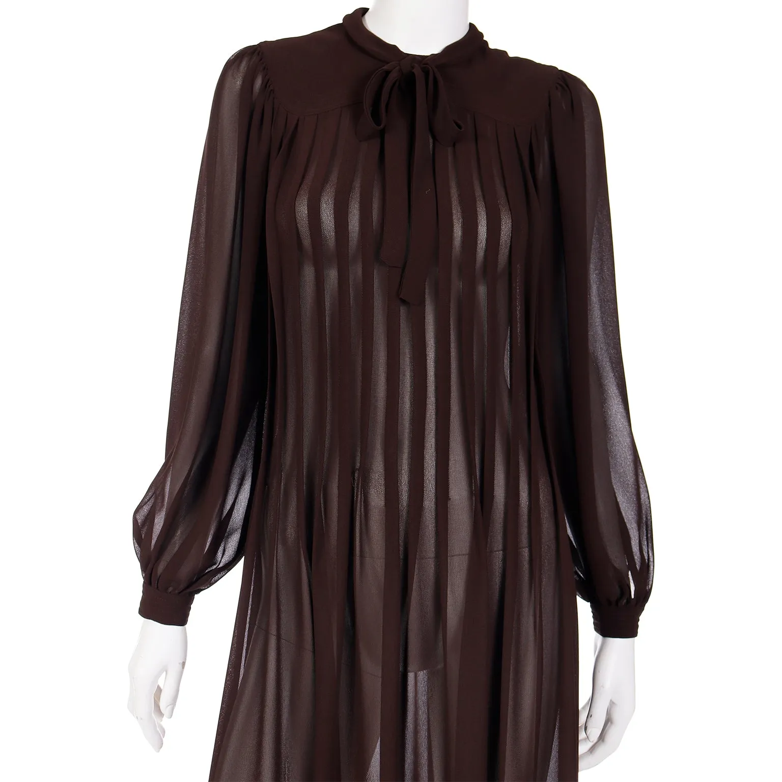 1970s Albert Nipon Sheer Brown Pleated Crepe Dress