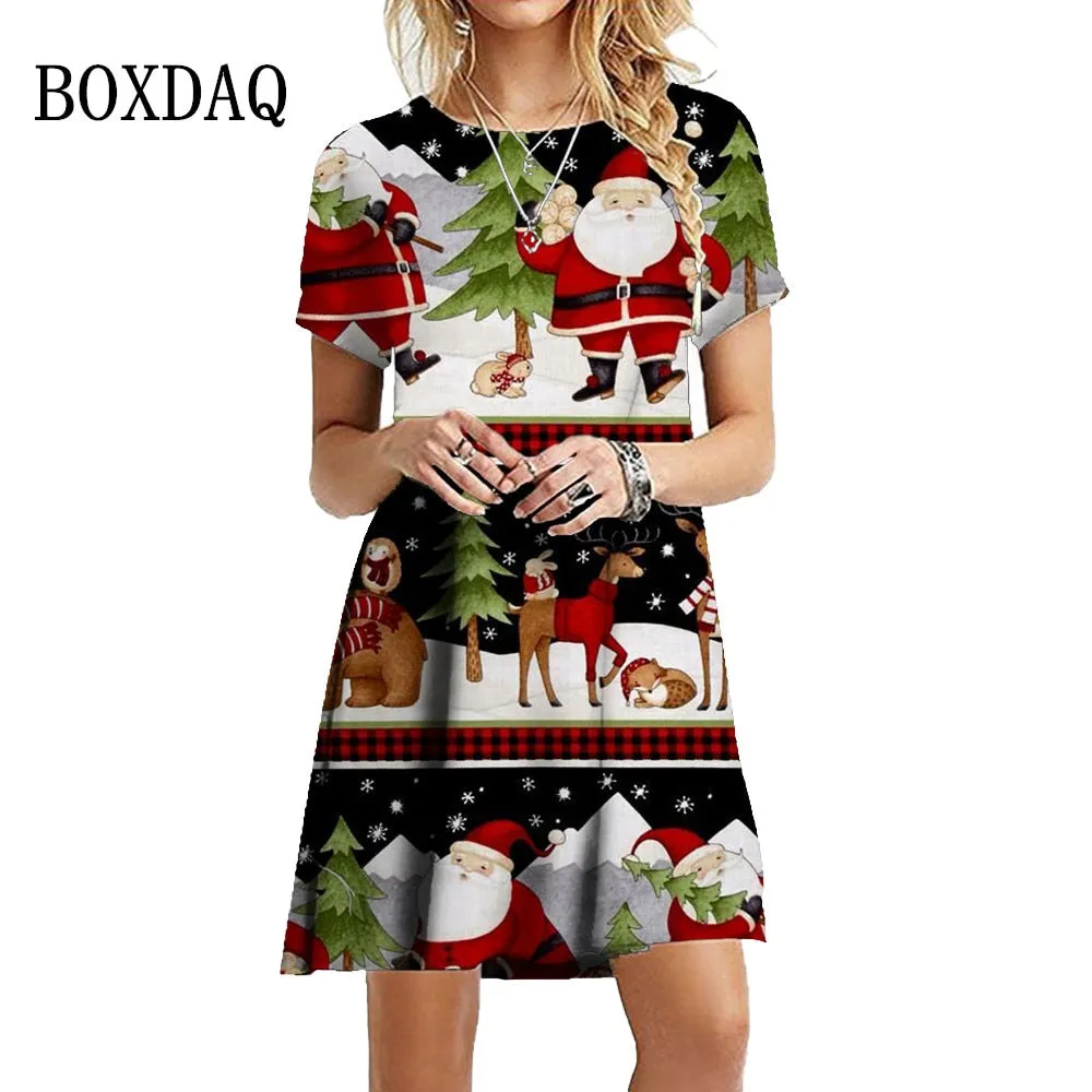 3D Santa Claus Print Snowflake Party Dress Funny Christmas Cheer Dress Snowflake Christmas Tree Party Dress