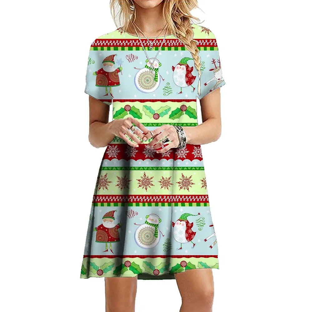 3D Santa Claus Print Snowflake Party Dress Funny Christmas Cheer Dress Snowflake Christmas Tree Party Dress