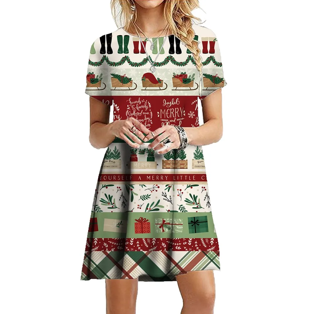 3D Santa Claus Print Snowflake Party Dress Funny Christmas Cheer Dress Snowflake Christmas Tree Party Dress