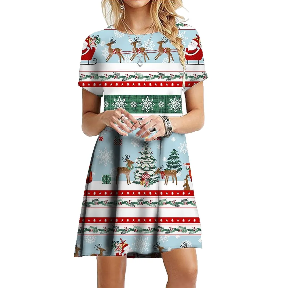 3D Santa Claus Print Snowflake Party Dress Funny Christmas Cheer Dress Snowflake Christmas Tree Party Dress