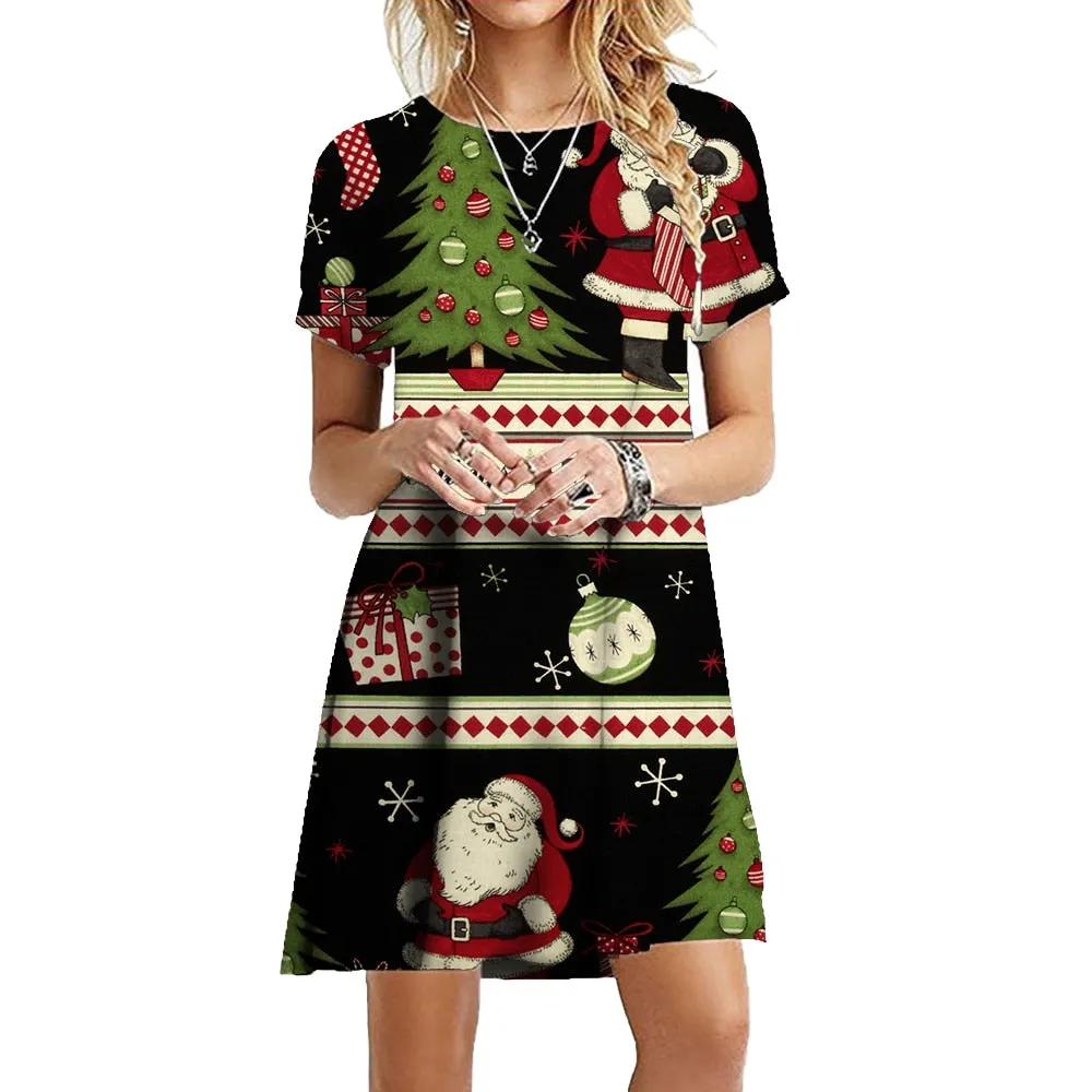 3D Santa Claus Print Snowflake Party Dress Funny Christmas Cheer Dress Snowflake Christmas Tree Party Dress