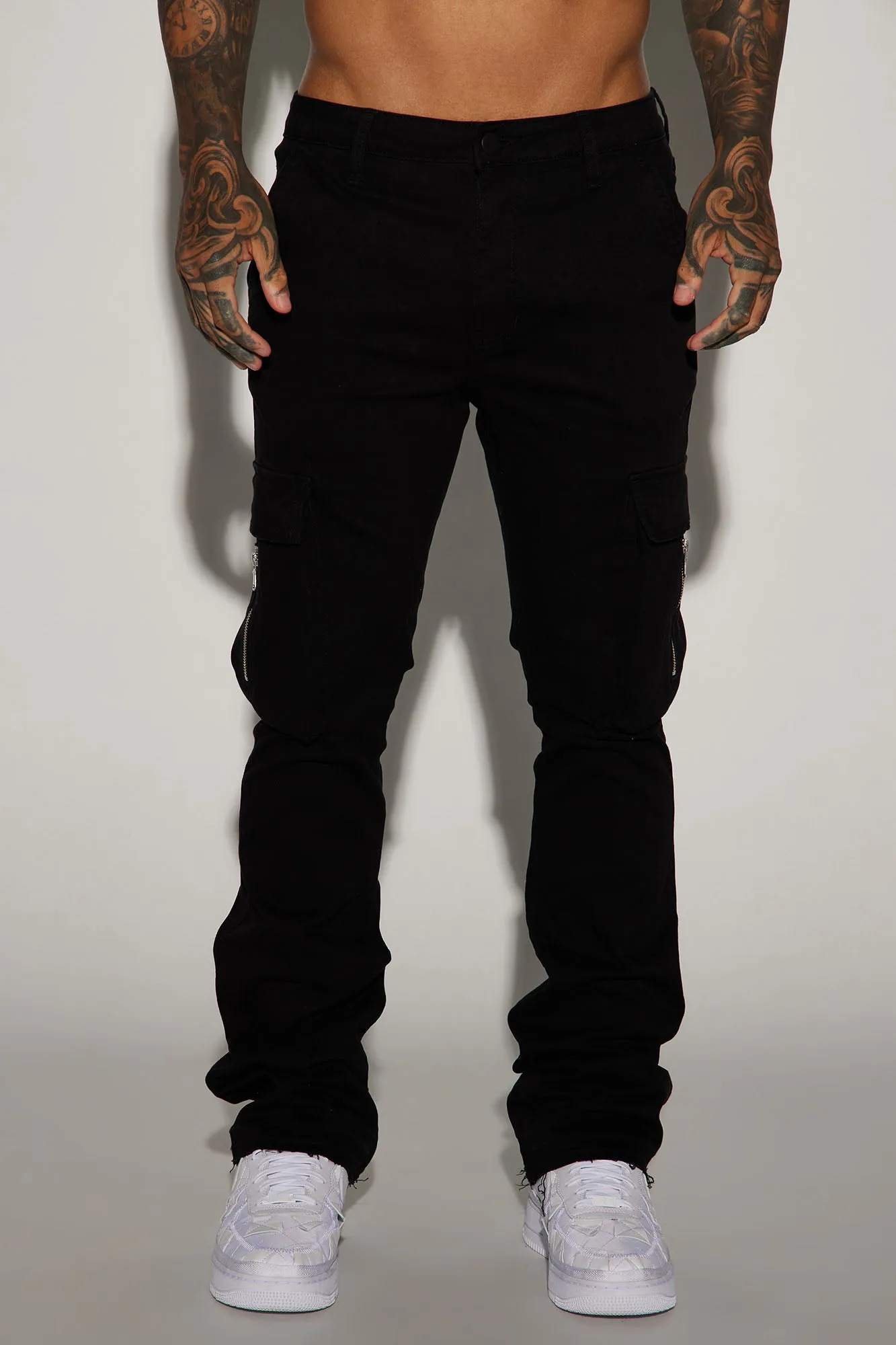 Affection Stacked Skinny Flare Cargo Pants - Black