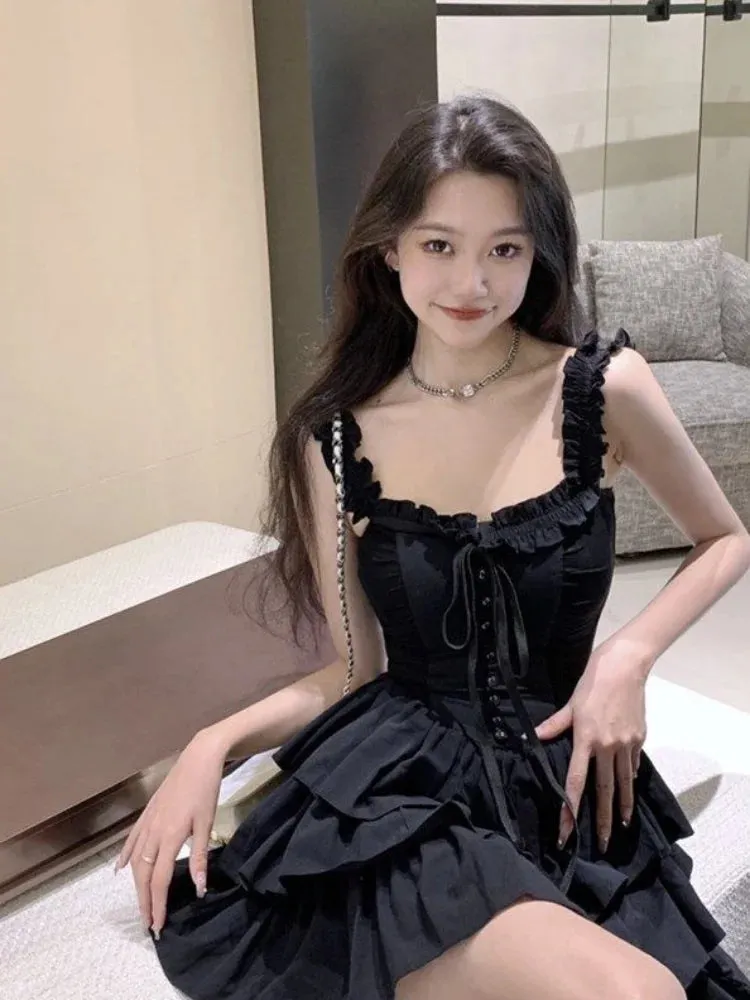 Aiertu Gothic Goth Harajuku Sexy Slip Dress Ruffles Y2k Streetwear Dark Punk Cake Dresses Party Korean Fashion  Summer