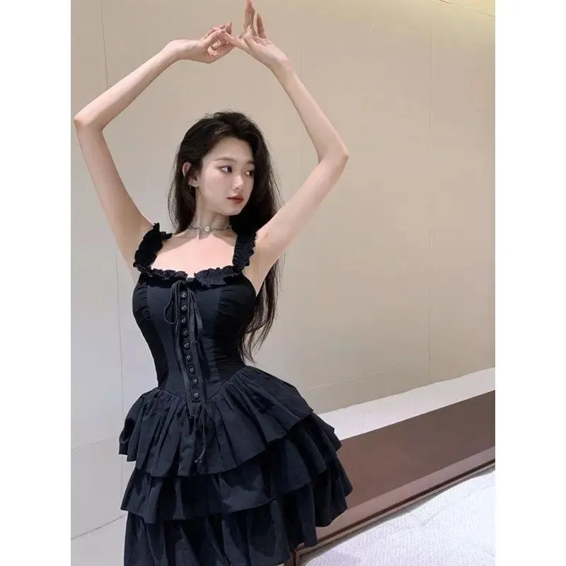 Aiertu Gothic Goth Harajuku Sexy Slip Dress Ruffles Y2k Streetwear Dark Punk Cake Dresses Party Korean Fashion  Summer