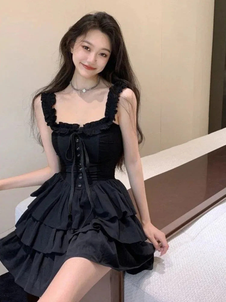 Aiertu Gothic Goth Harajuku Sexy Slip Dress Ruffles Y2k Streetwear Dark Punk Cake Dresses Party Korean Fashion  Summer