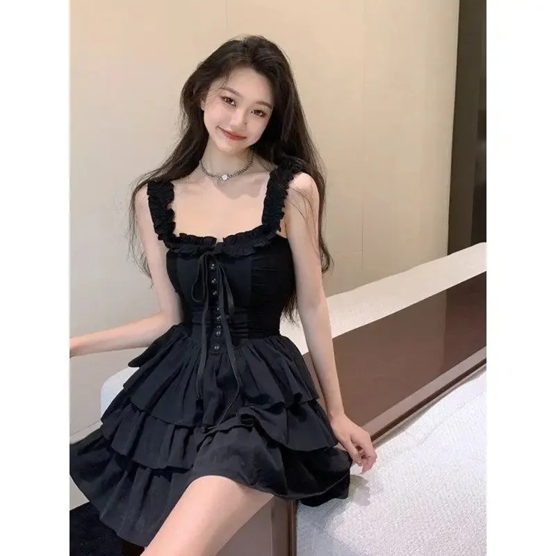 Aiertu Gothic Goth Harajuku Sexy Slip Dress Ruffles Y2k Streetwear Dark Punk Cake Dresses Party Korean Fashion  Summer