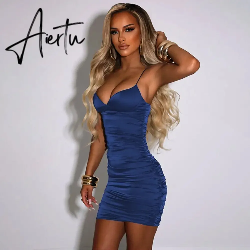 Aiertu  Slip Invisible Zipper Skinny Slit Pleated Mini Dress  Solid Bodycon Sexy Streetwear Evening Party Club Elegant