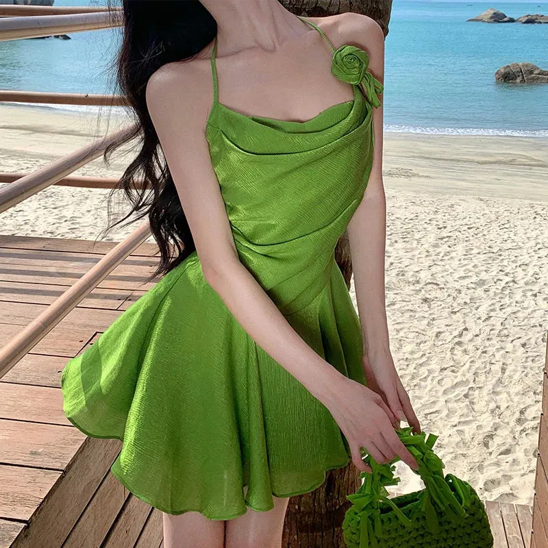 Aiertu Summer Green Sleeveless Slip Sexy Club Vacation Elegant Pleated Mini Dress 2024 New Fashion Evening Party Dress Women Streetwear