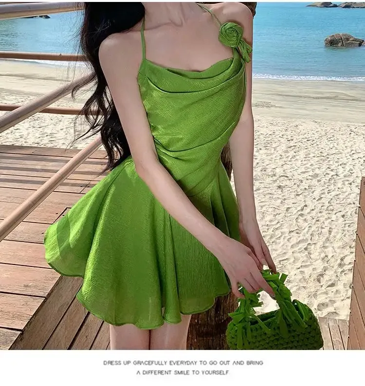 Aiertu Summer Green Sleeveless Slip Sexy Club Vacation Elegant Pleated Mini Dress 2024 New Fashion Evening Party Dress Women Streetwear