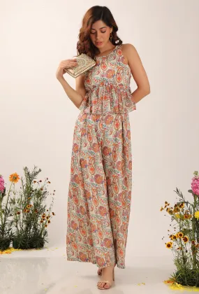 Amala Floral Chintz Peplum Jumpsuit With Backtie Up Details