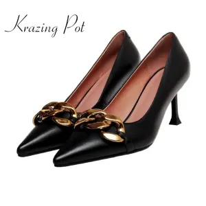 Amozae-Krazing pot genuine leather pointed toe thin high heels metal decoration European style young lady streetwear women pumps L23