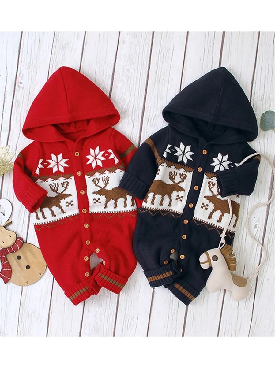 Baby Christmas Reindeer Snowflake Crochet Hooded Overalls