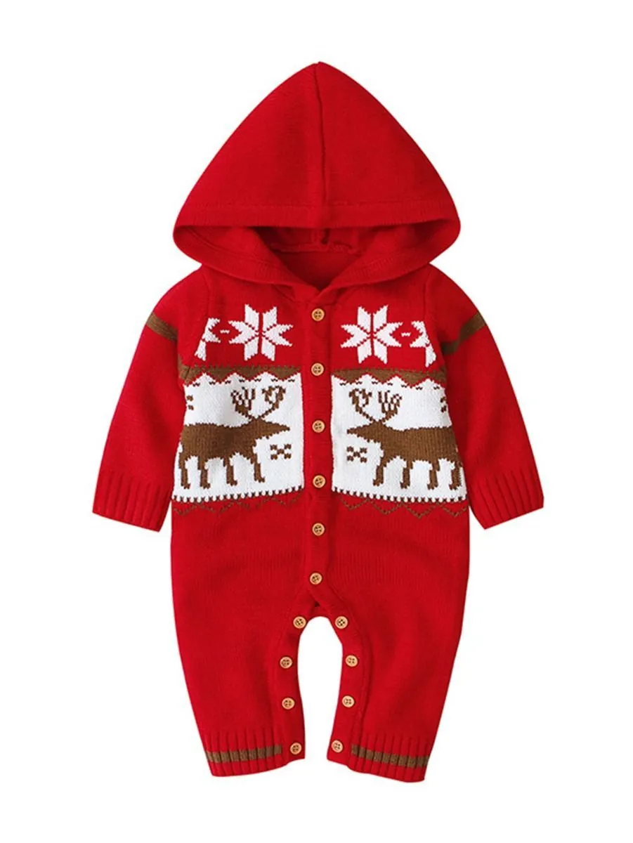 Baby Christmas Reindeer Snowflake Crochet Hooded Overalls