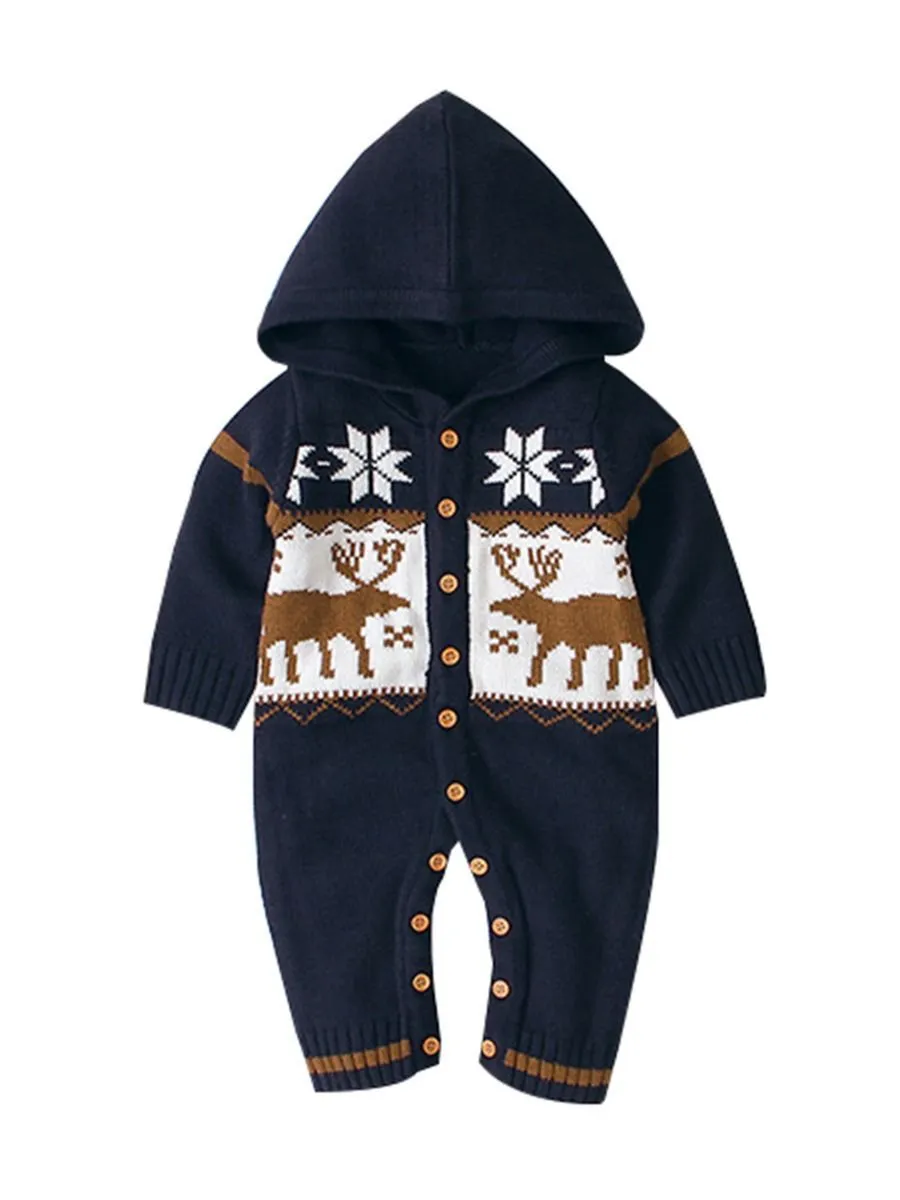 Baby Christmas Reindeer Snowflake Crochet Hooded Overalls