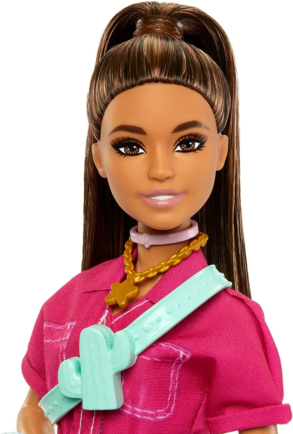 Barbie Brown Hair Doll in Trendy Pink Jumpsuit with Storytelling Accessories and Pet Puppy for Ages 3 