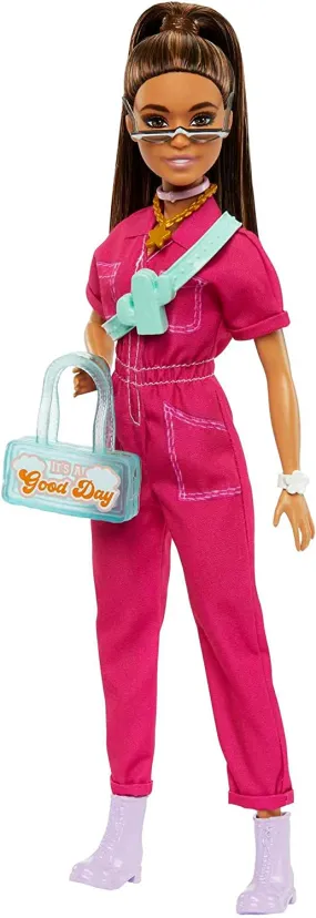 Barbie Brown Hair Doll in Trendy Pink Jumpsuit with Storytelling Accessories and Pet Puppy for Ages 3 