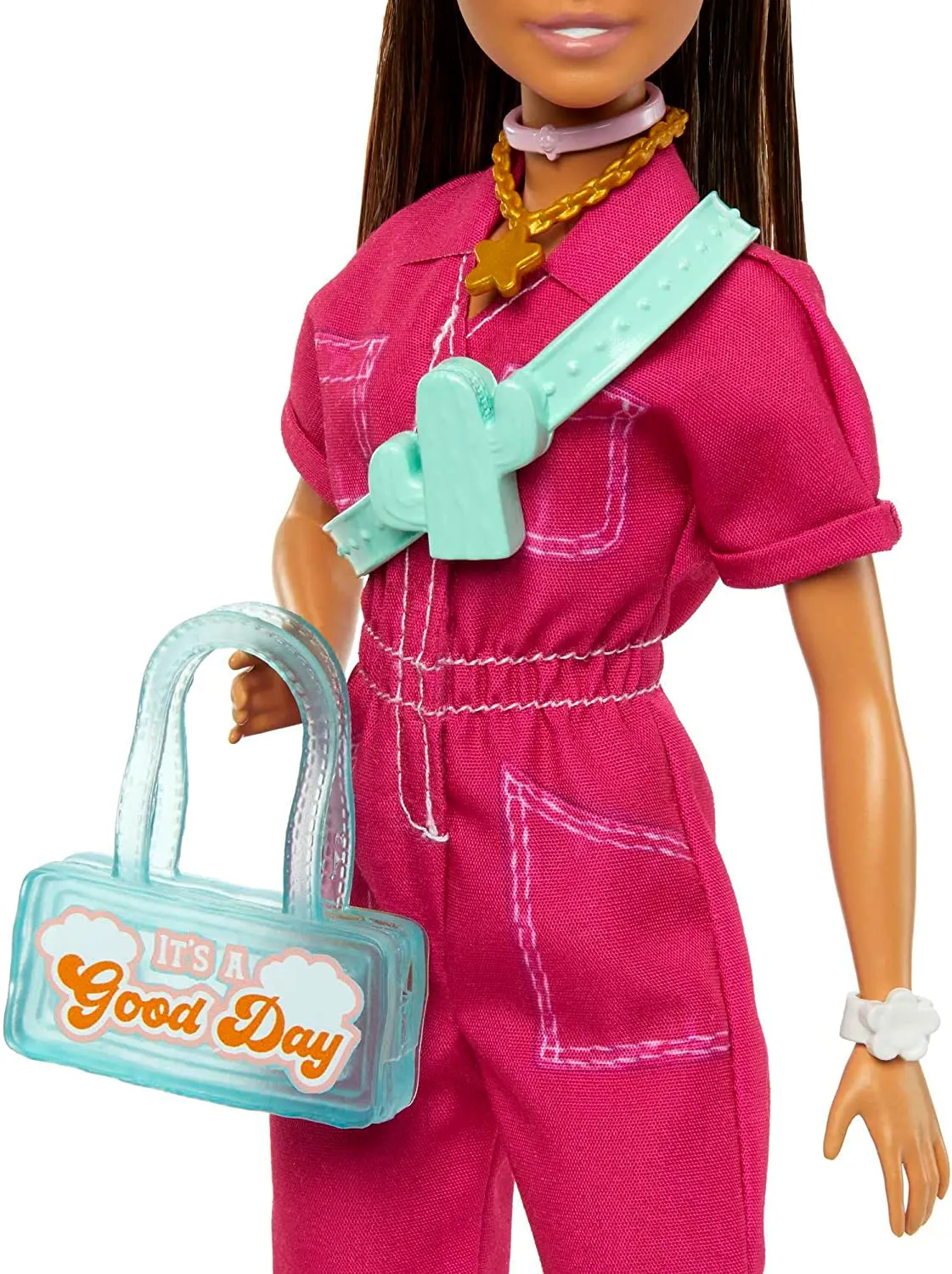 Barbie Brown Hair Doll in Trendy Pink Jumpsuit with Storytelling Accessories and Pet Puppy for Ages 3 