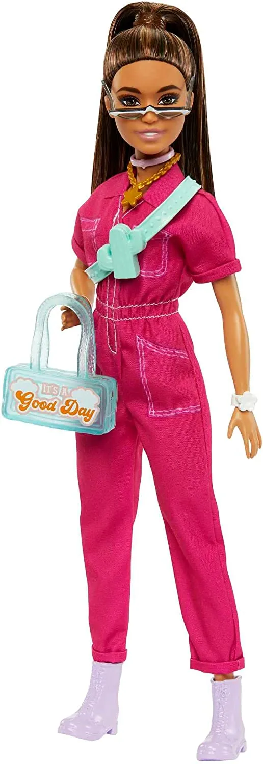 Barbie Brown Hair Doll in Trendy Pink Jumpsuit with Storytelling Accessories and Pet Puppy for Ages 3 