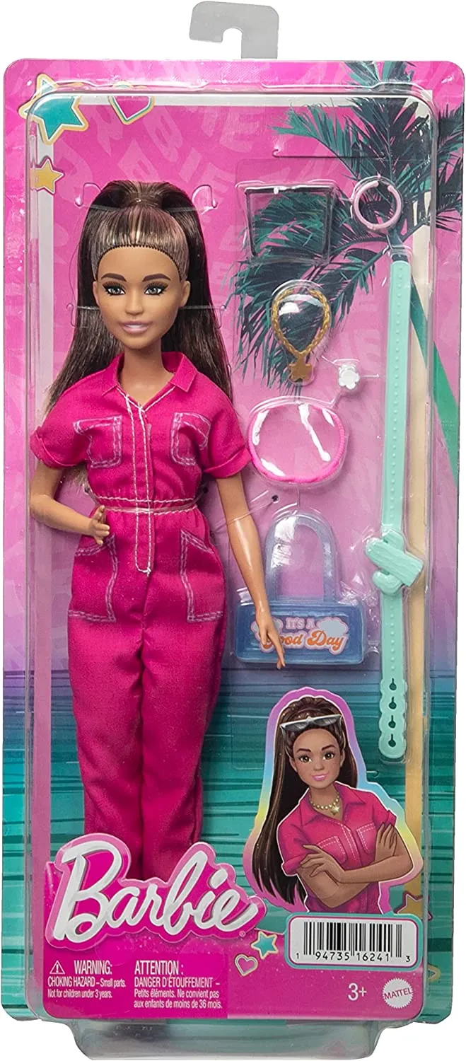 Barbie Brown Hair Doll in Trendy Pink Jumpsuit with Storytelling Accessories and Pet Puppy for Ages 3 