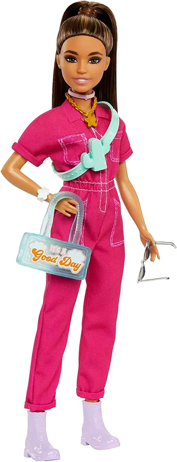 Barbie Brown Hair Doll in Trendy Pink Jumpsuit with Storytelling Accessories and Pet Puppy for Ages 3 