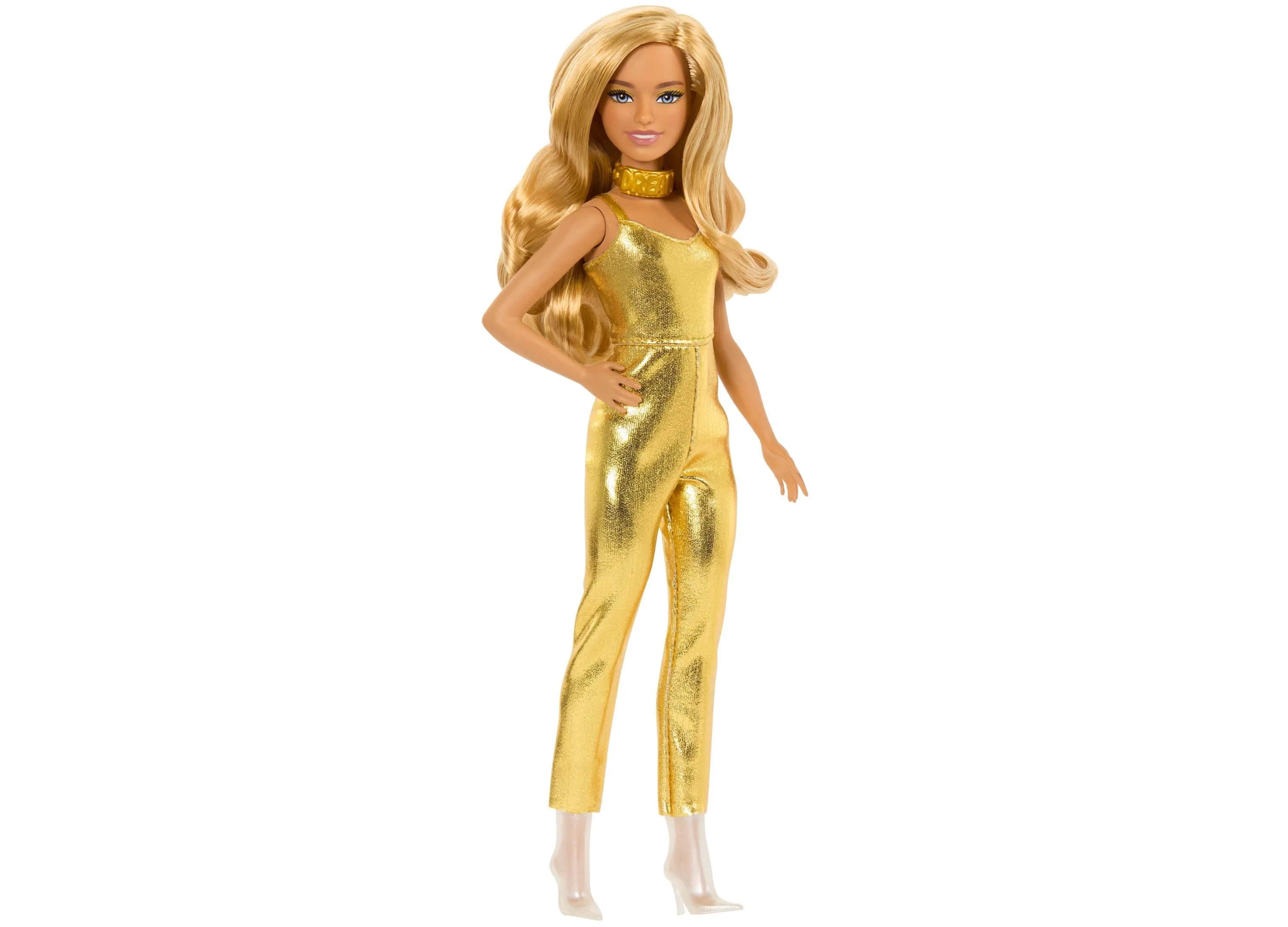 Barbie Fashionistas 65th Anniversary Doll 222, Petite with Blonde Wavy Hair, Golden Jumpsuit