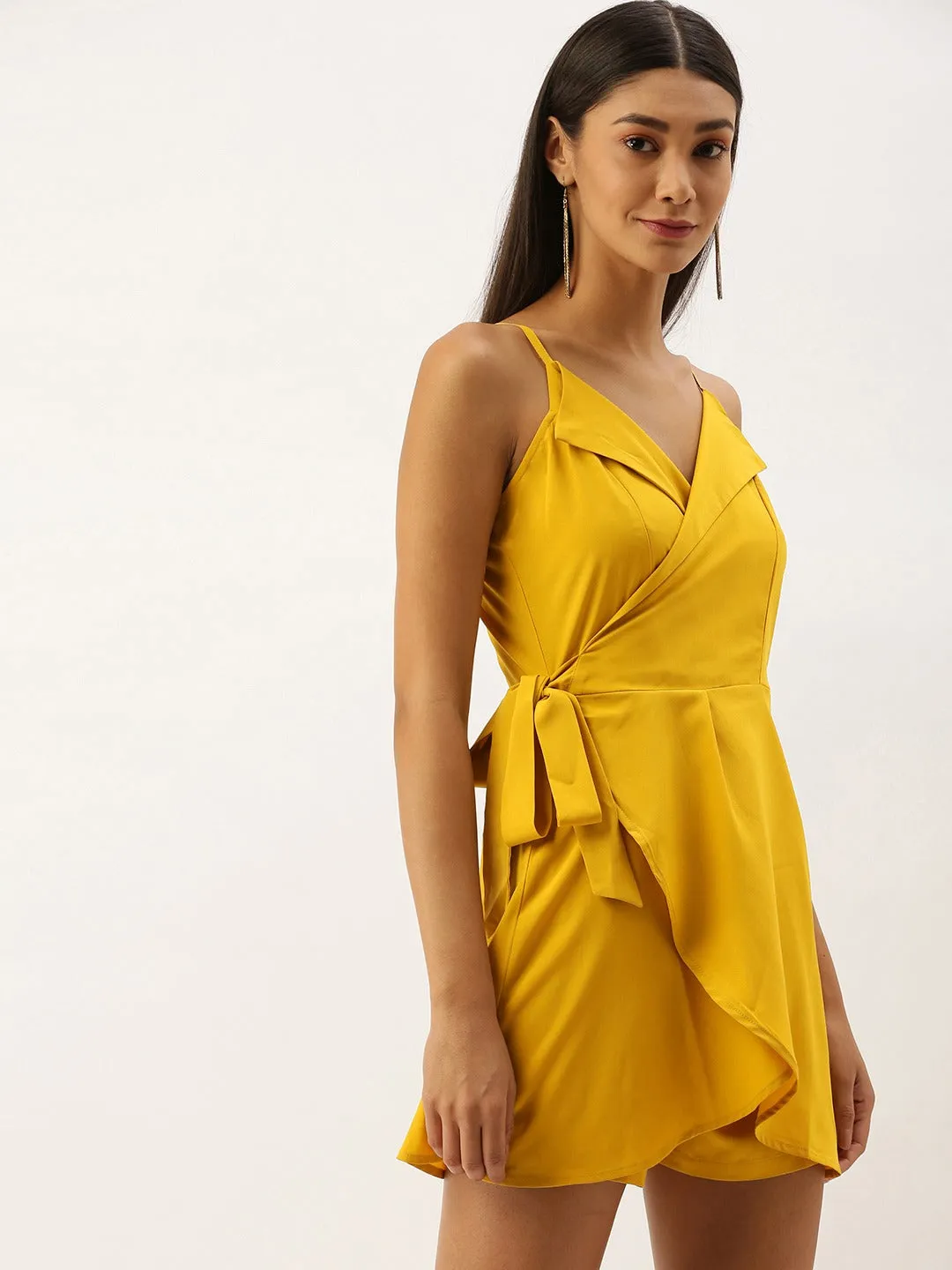 Berrylush Women Solid Yellow Ruffle Side Knot Cami Wrap Jumpsuit