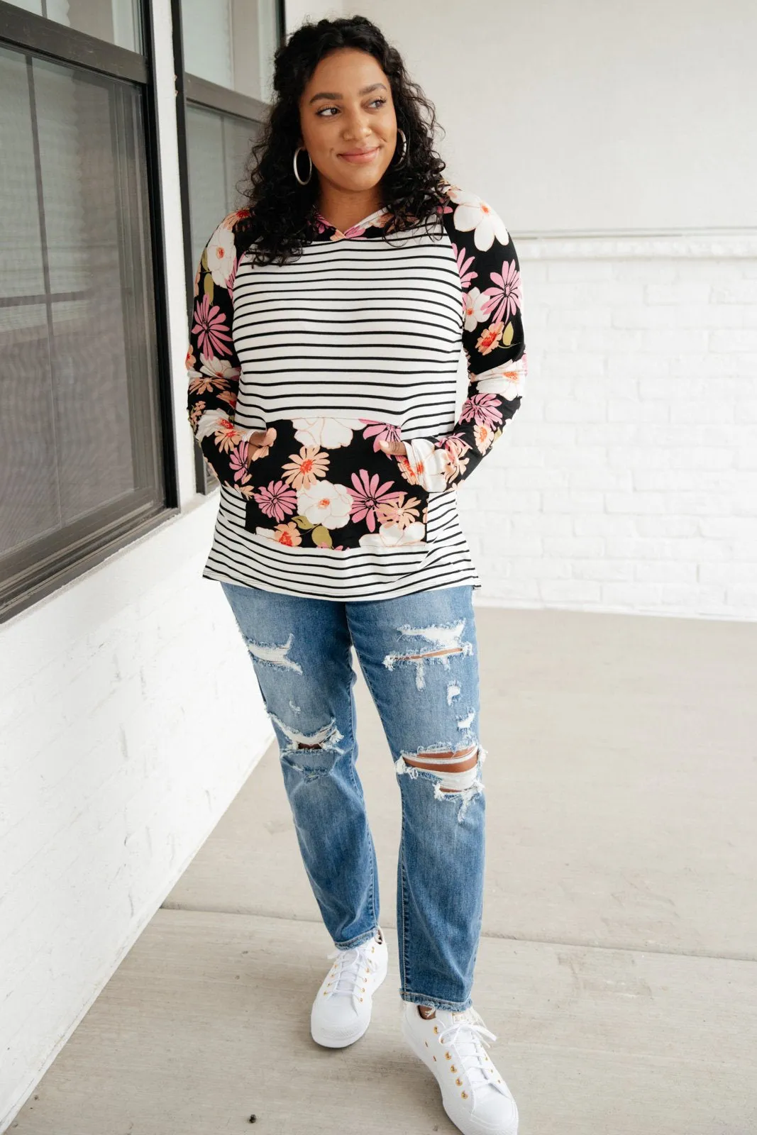 Blooming Stripes Hoodie in Coral