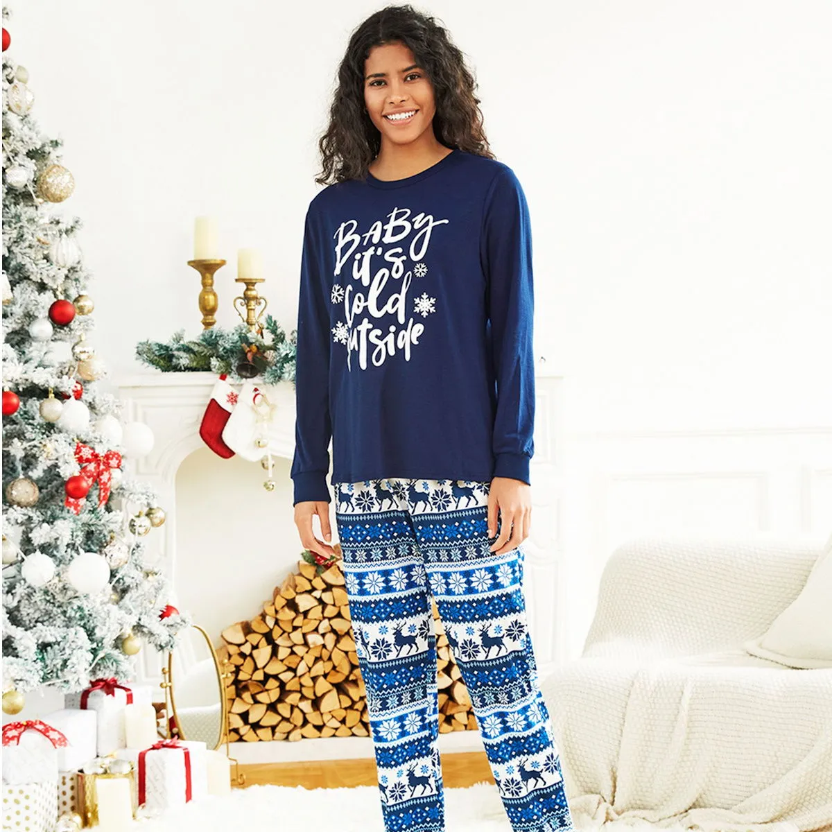 Bluey Baby It's Cold Outside Family Christmas Pajamas Letter Print Reindeer Snowflake