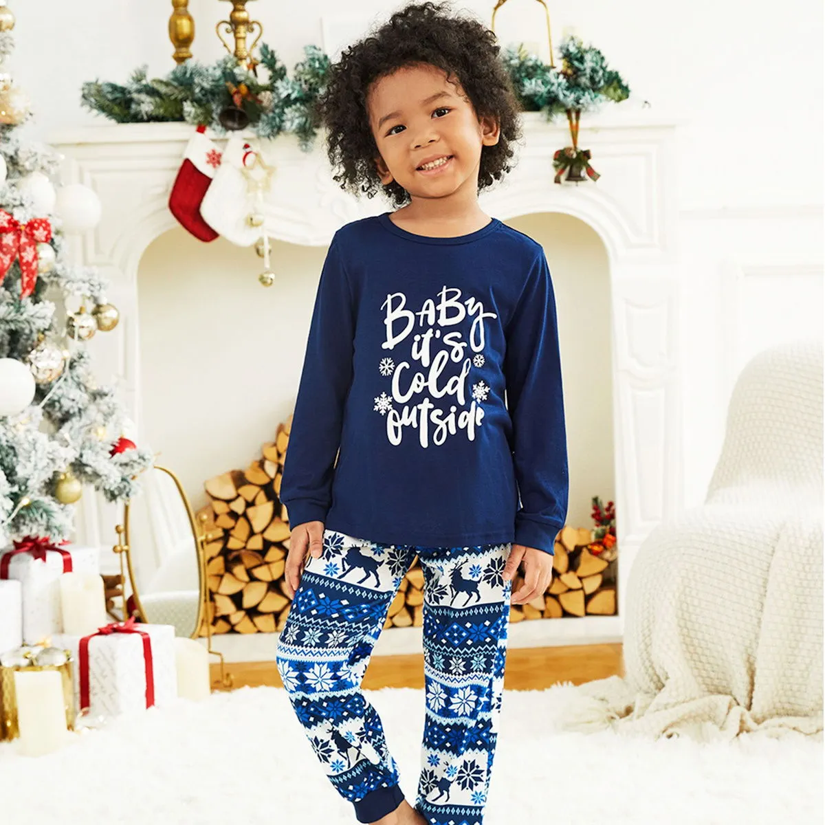 Bluey Baby It's Cold Outside Family Christmas Pajamas Letter Print Reindeer Snowflake