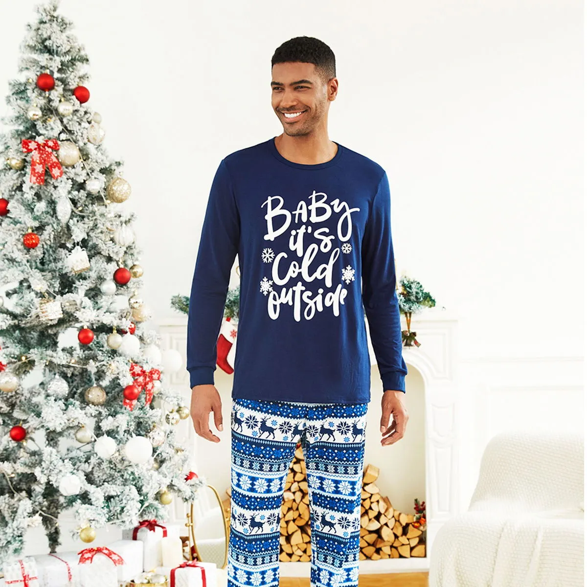 Bluey Baby It's Cold Outside Family Christmas Pajamas Letter Print Reindeer Snowflake