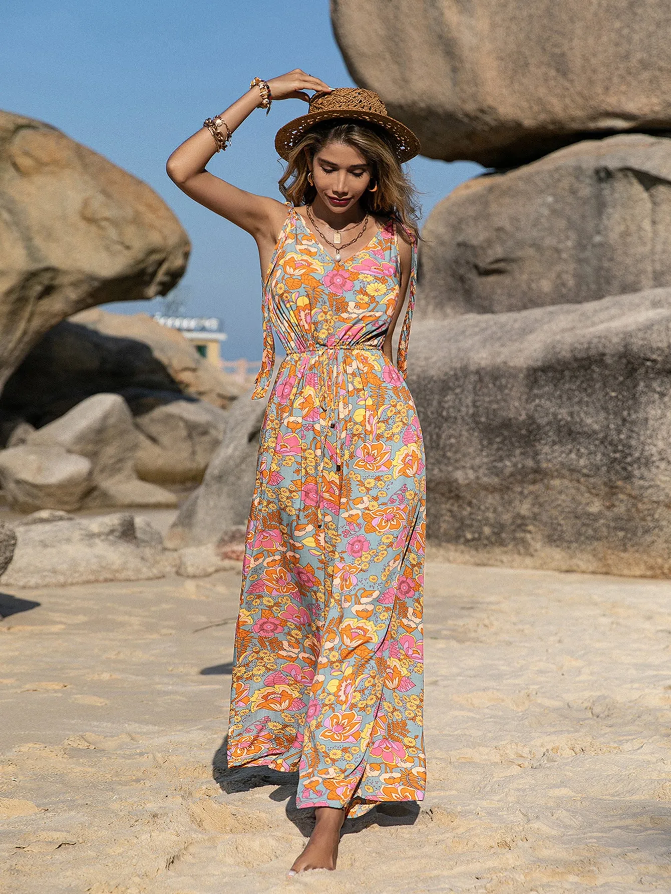 Bohemian style suspender printed jumpsuit with backless jumpsuit