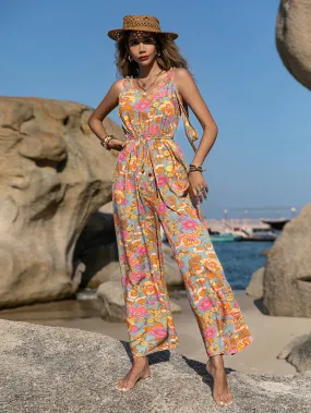 Bohemian style suspender printed jumpsuit with backless jumpsuit