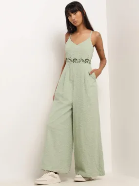 Bombay Paisley Green Embroidered Textured Cotton Jumpsuit