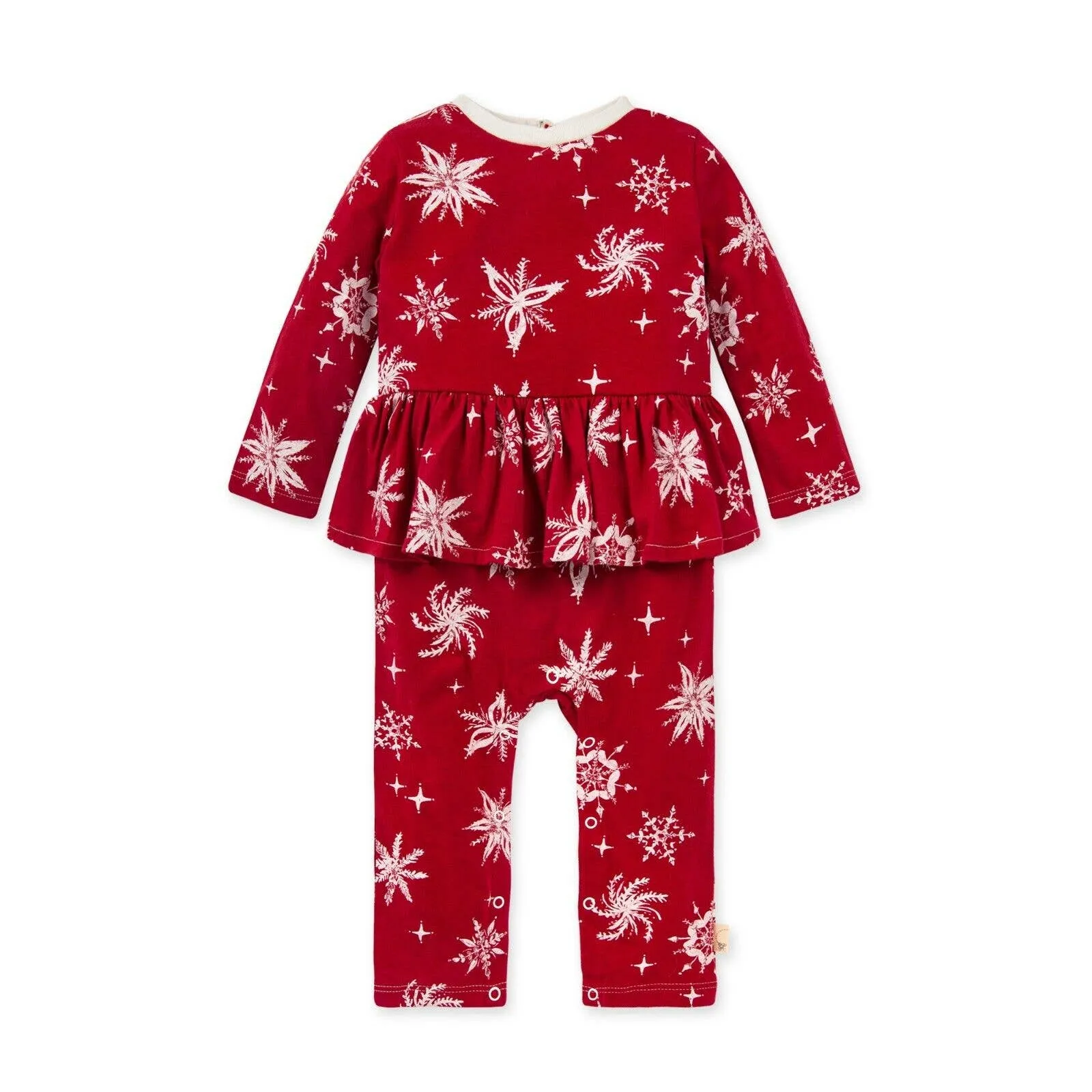 BURT'S BEES BABY ORGANIC GIRL'S VINTAGE SNOWFLAKE HOLIDAY RUFFLED JUMPSUIT