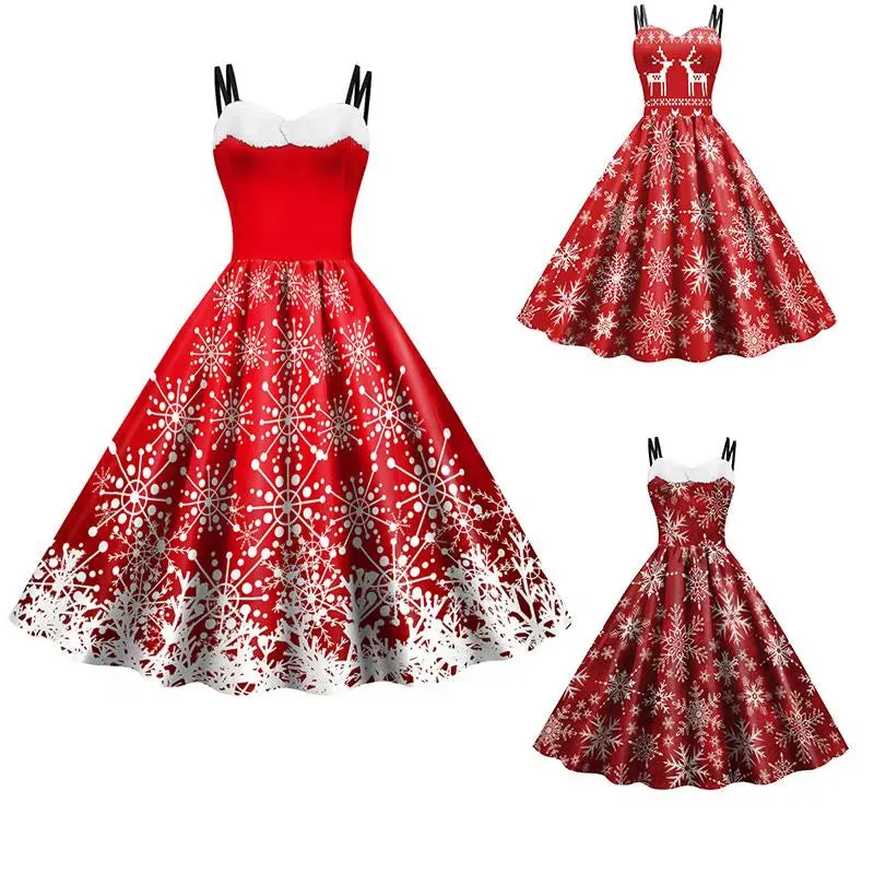 Christmas Cosplay Costumes for Women Vintage Dress Holiday Party Elk Snowflake Print Clothes Female Sexy Slip Dress Mujer