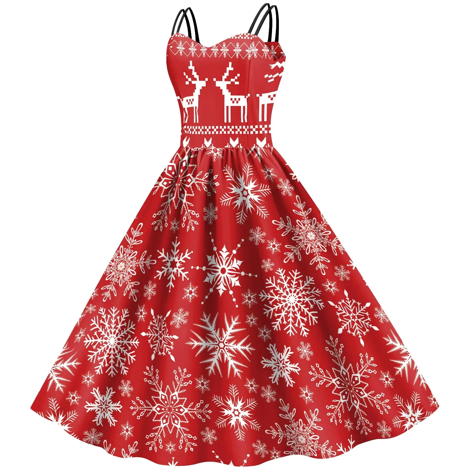 Christmas Cosplay Costumes for Women Vintage Dress Holiday Party Elk Snowflake Print Clothes Female Sexy Slip Dress Mujer