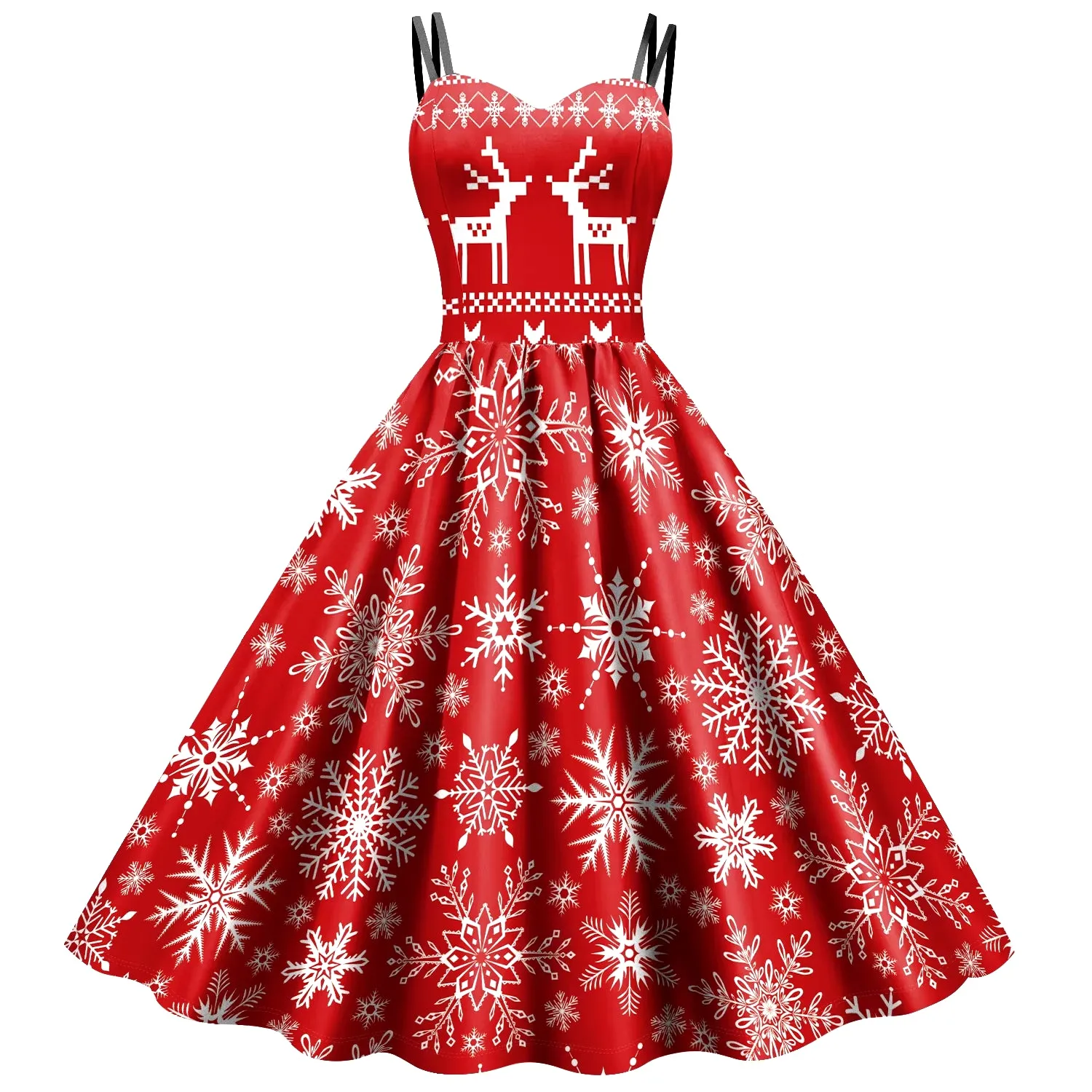 Christmas Cosplay Costumes for Women Vintage Dress Holiday Party Elk Snowflake Print Clothes Female Sexy Slip Dress Mujer