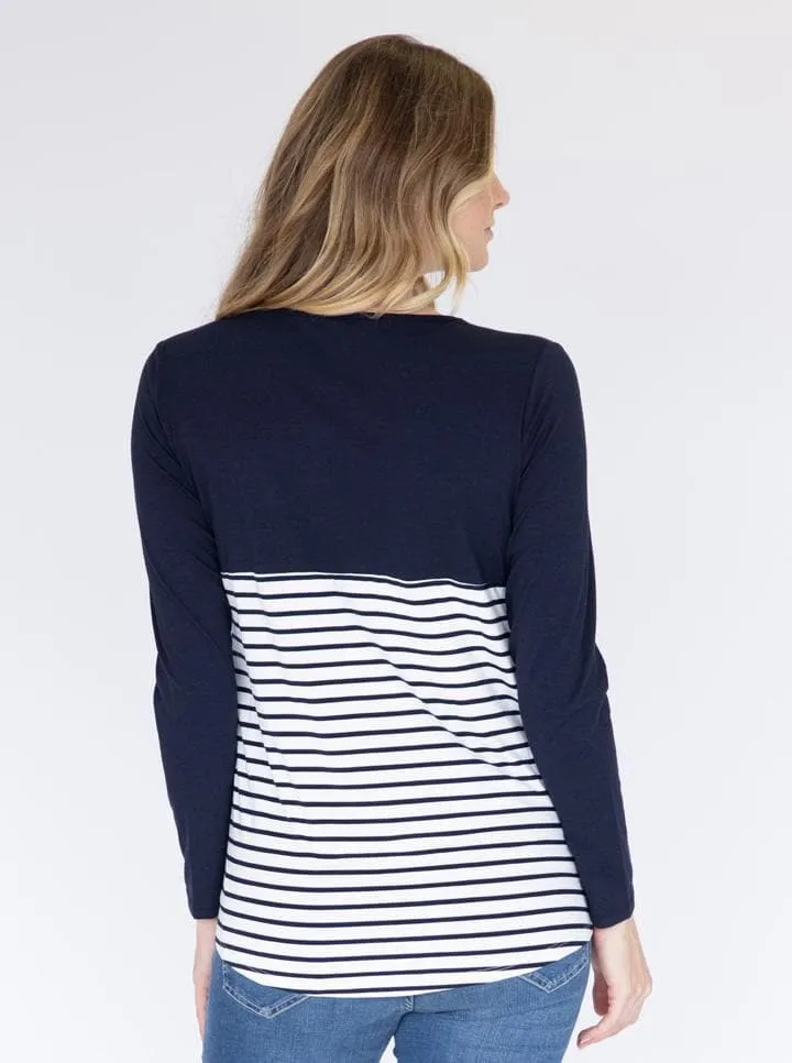 Cleo Maternity Zipper Nursing Long Sleeve Top in Navy Stripe