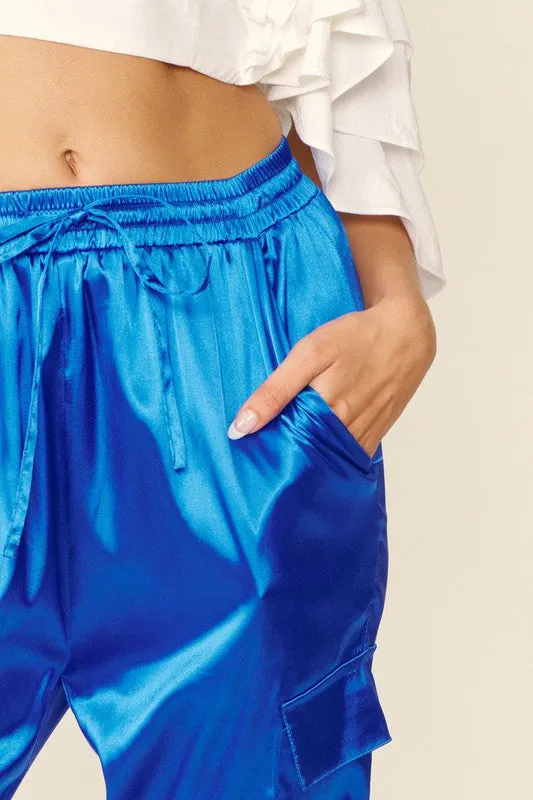 Cobalt Blue Glossy Satin Cargo Pants