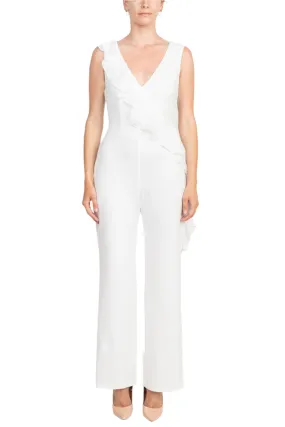 Connected Apparel V-Neck Sleeveless Ruffled Draped Zipper Back Jumpsuit