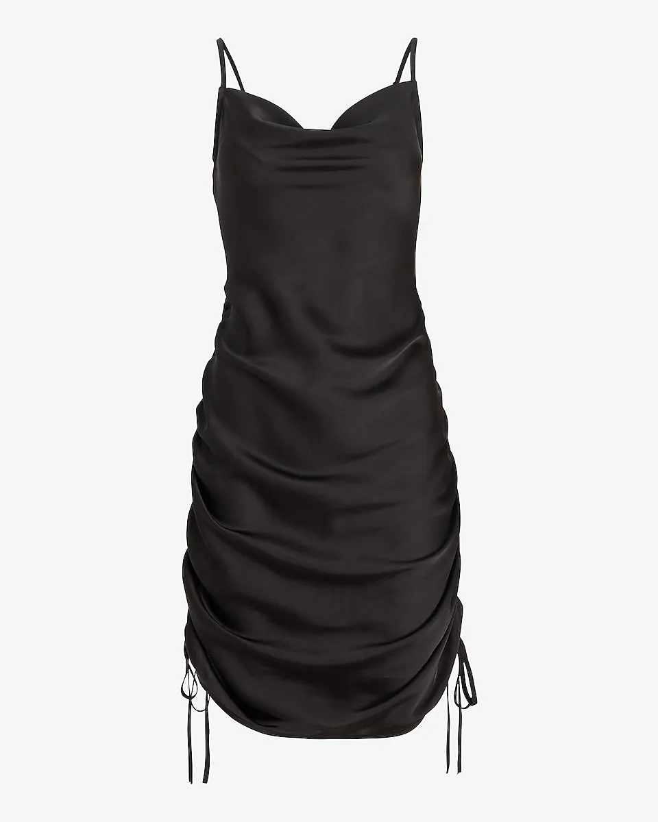 Cowl Neck Ruched Side Tie Mini Slip Dress in Pitch Black