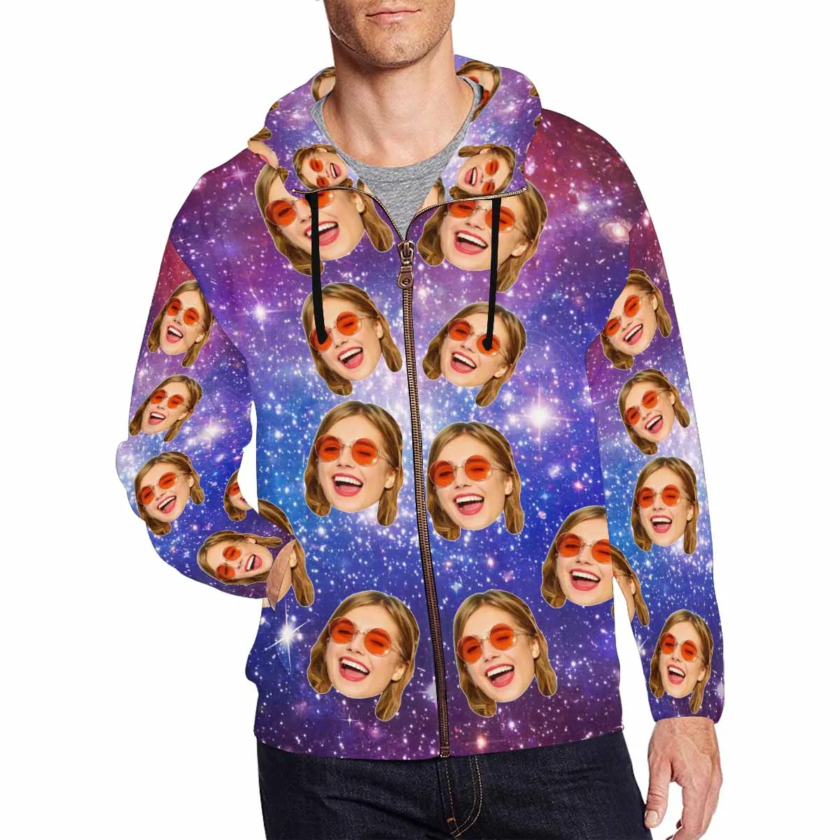 Custom Face Purple Starry Sky Men's All Over Print Full Zip Hoodie