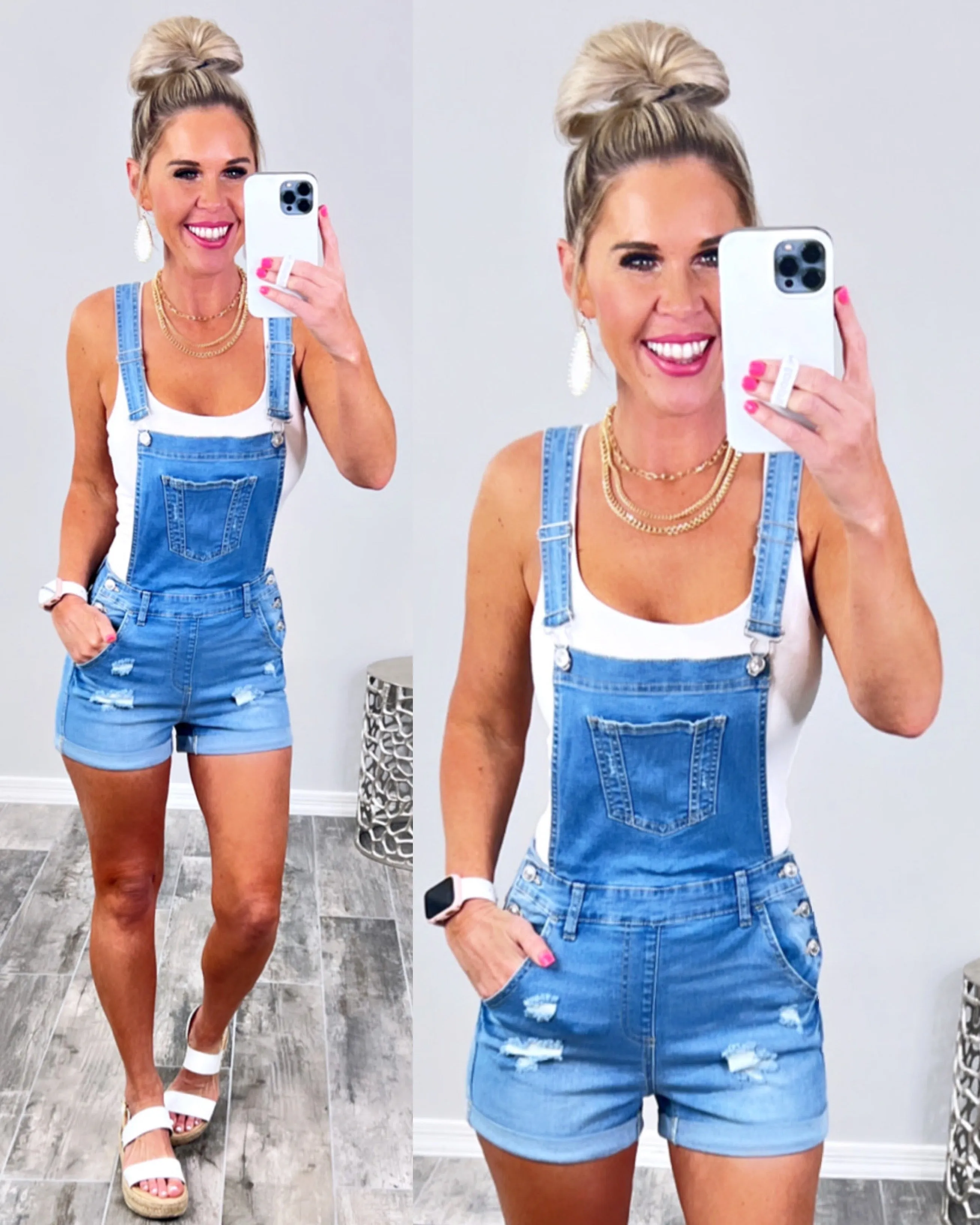 Distressed Denim Pocket Overalls - Light