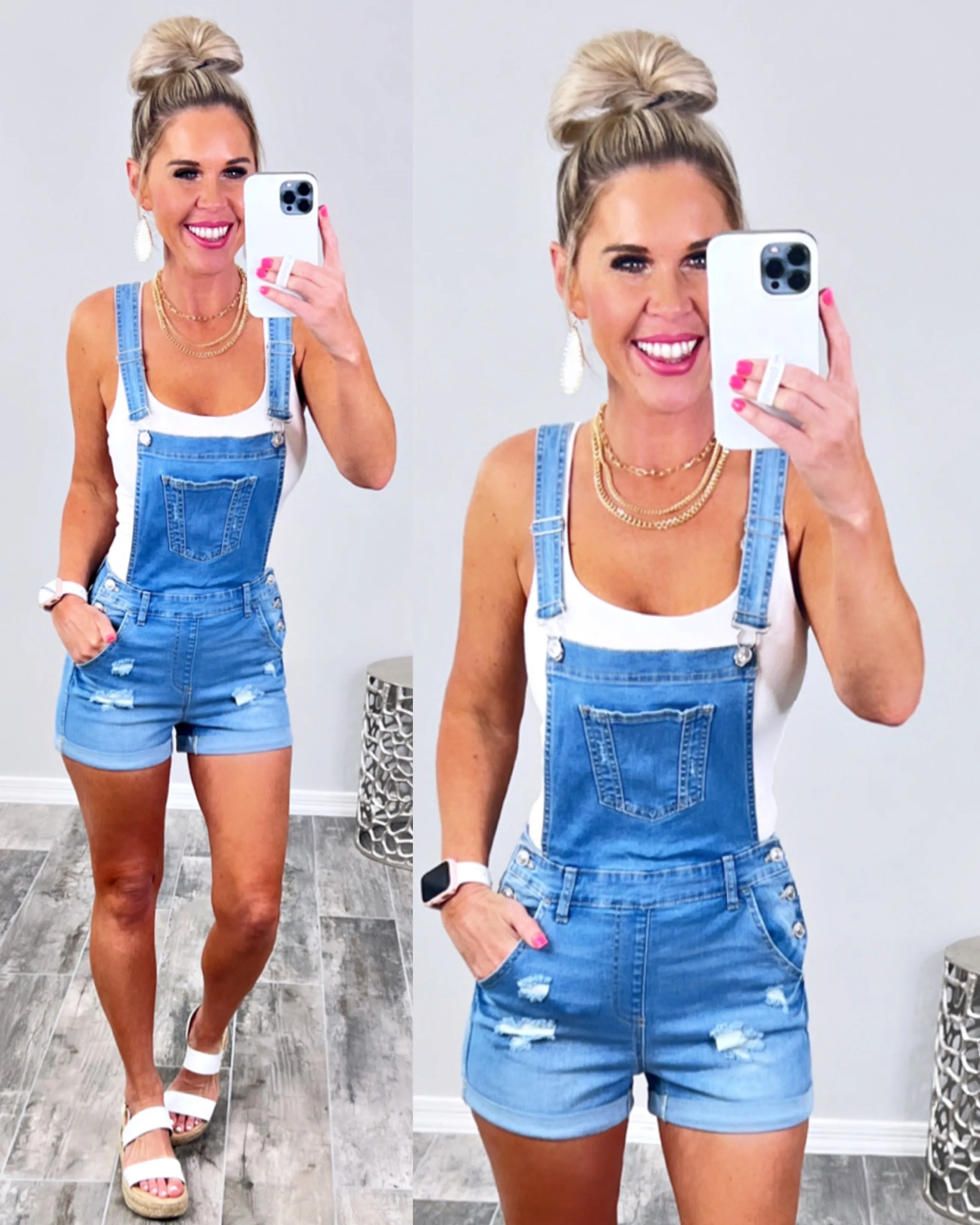 Distressed Denim Pocket Overalls - Light