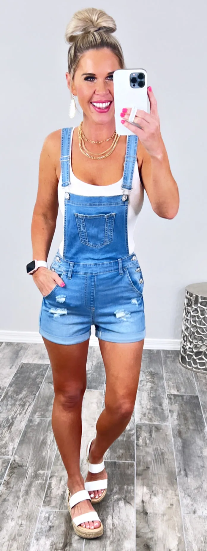 Distressed Denim Pocket Overalls - Light